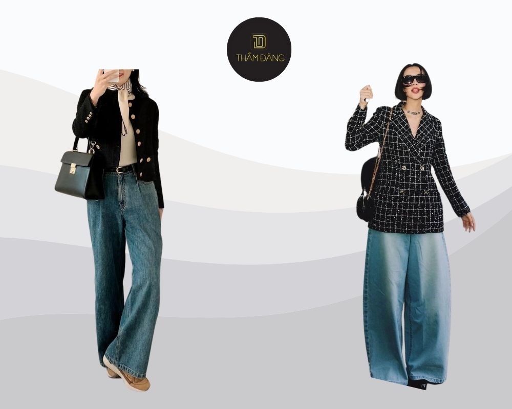 Quần jean ống rộng cùng áo khoác dạ dài, lý tưởng cho mùa đông khi mix với boots cao cổ, túi xách da và khăn quàng.