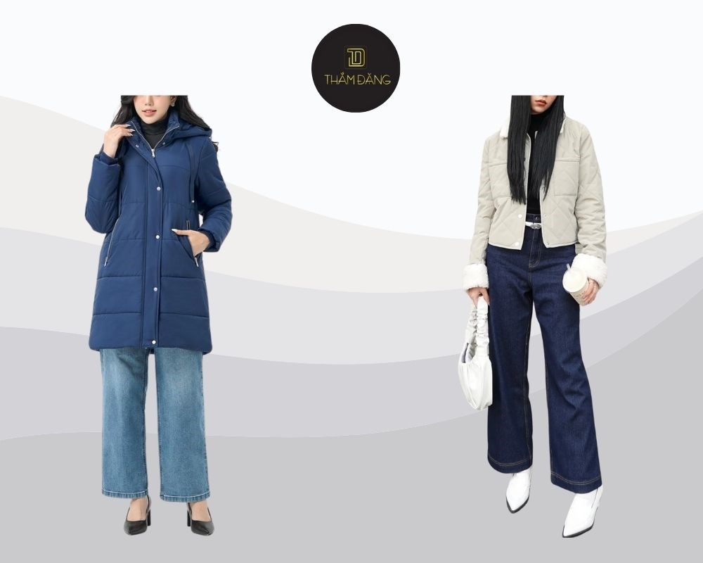 Kết hợp quần jean ống rộng cùng áo phao (dáng crop hoặc có thiết kế eo), hoàn hảo cho hoạt động ngoài trời