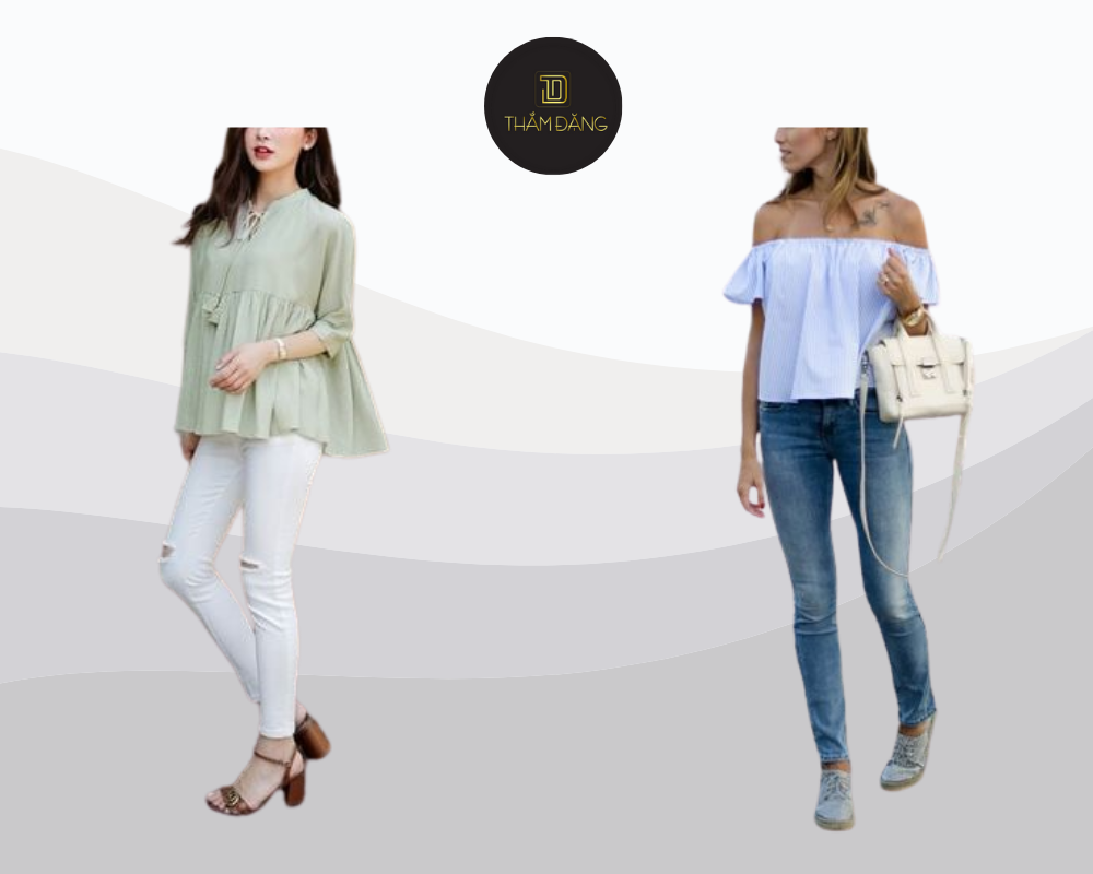 Quần skinny jeans và áo baby doll tôn dáng dịu dàng cho buổi tối sang trọng.