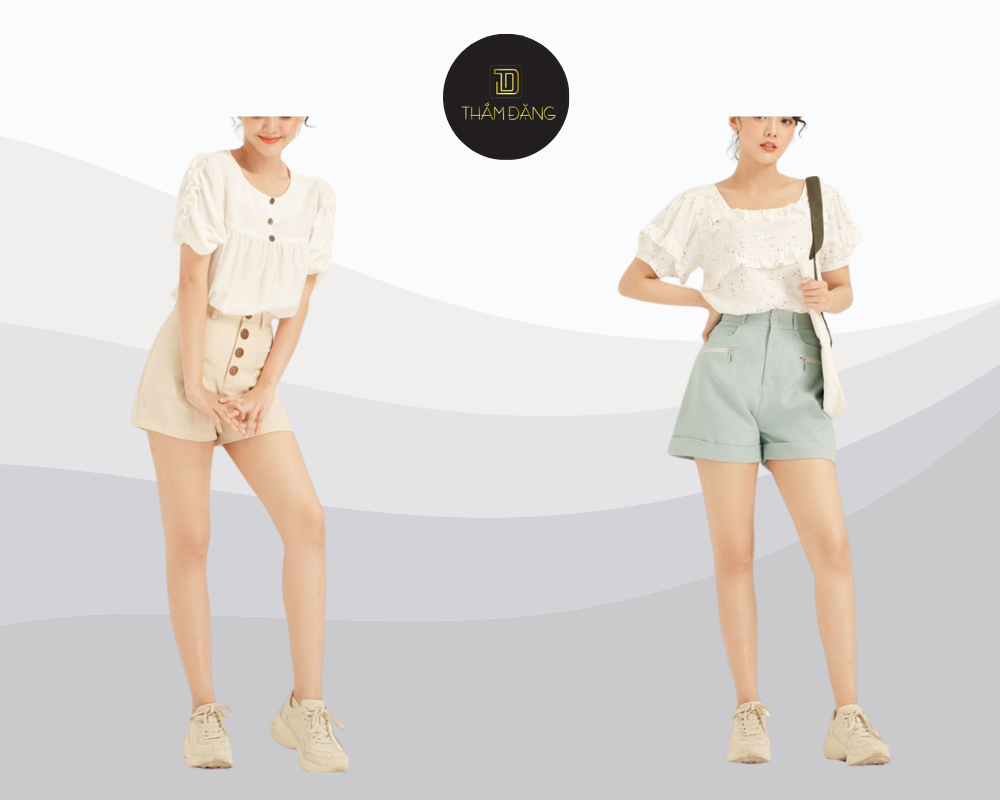 Style hè thanh lịch với áo baby doll quần short vải và mũ rộng vành.