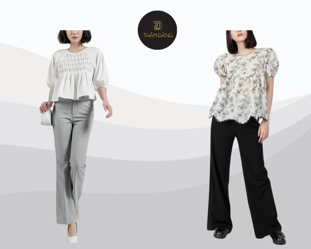 Thanh lịch hiện đại với baby doll và quần tây ống suông chuẩn công sở.