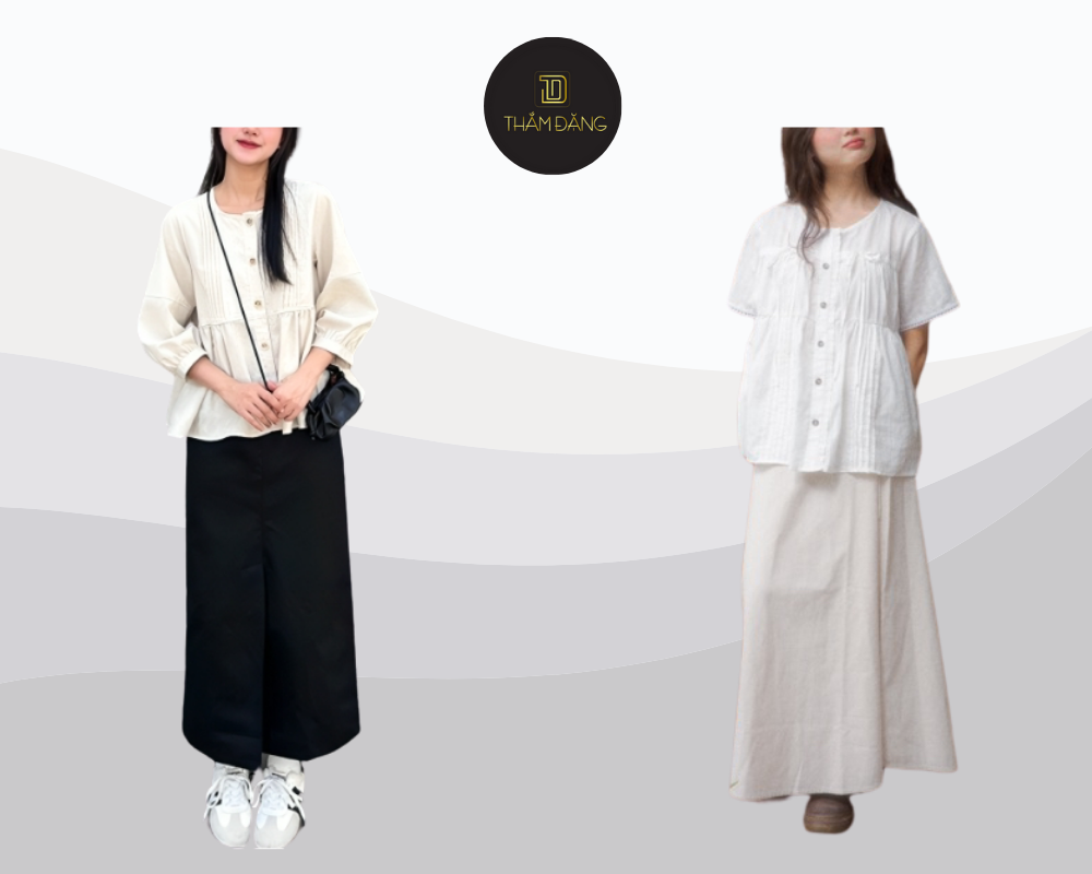 Vẻ sang trọng đậm chất Pháp với áo baby doll cổ vuông và chân váy dài.