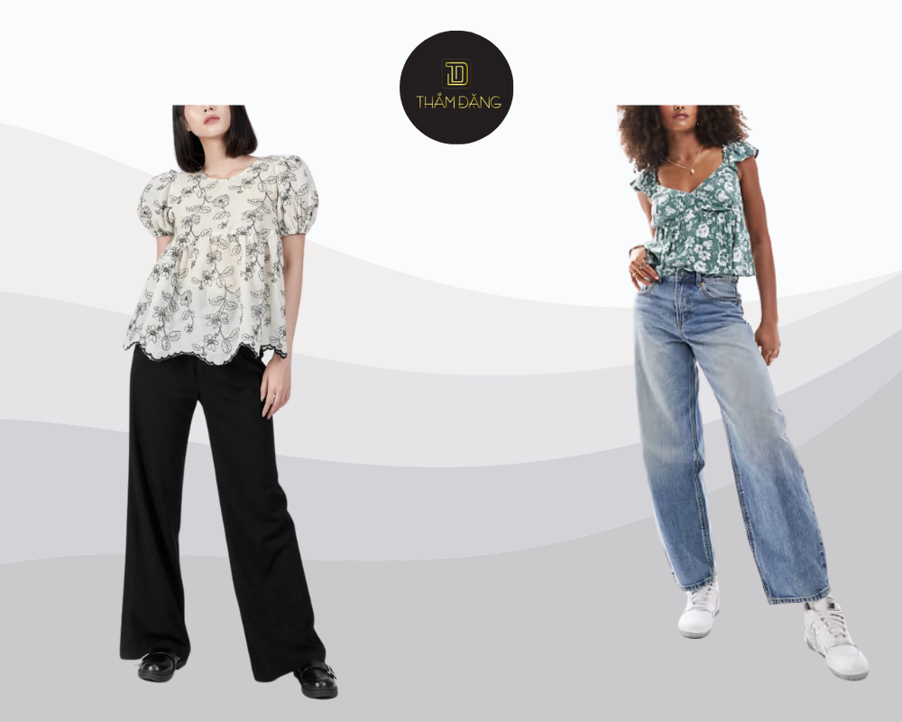 Baby doll tay phồng phối jeans trắng tạo phong cách trẻ trung, thanh lịch.