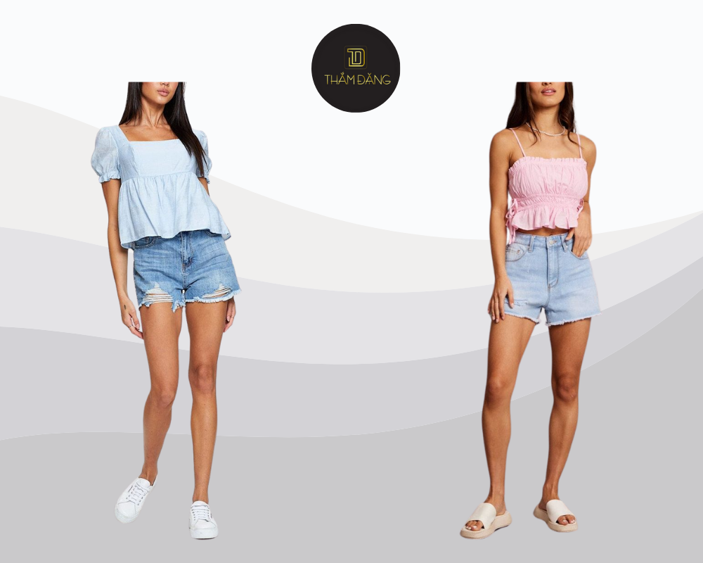 Phong cách hè năng động trẻ trung với áo baby doll và quần short cạp cao.