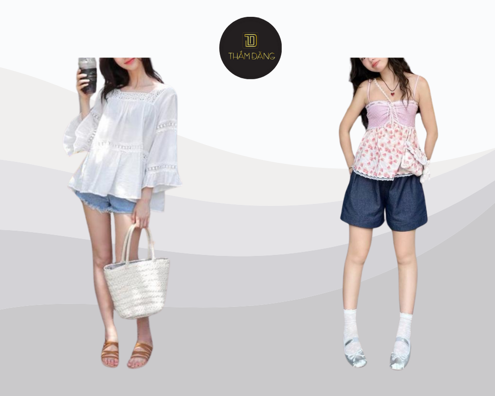 Năng động nữ tính cùng áo baby doll quần short jeans và mũ lưỡi trai.