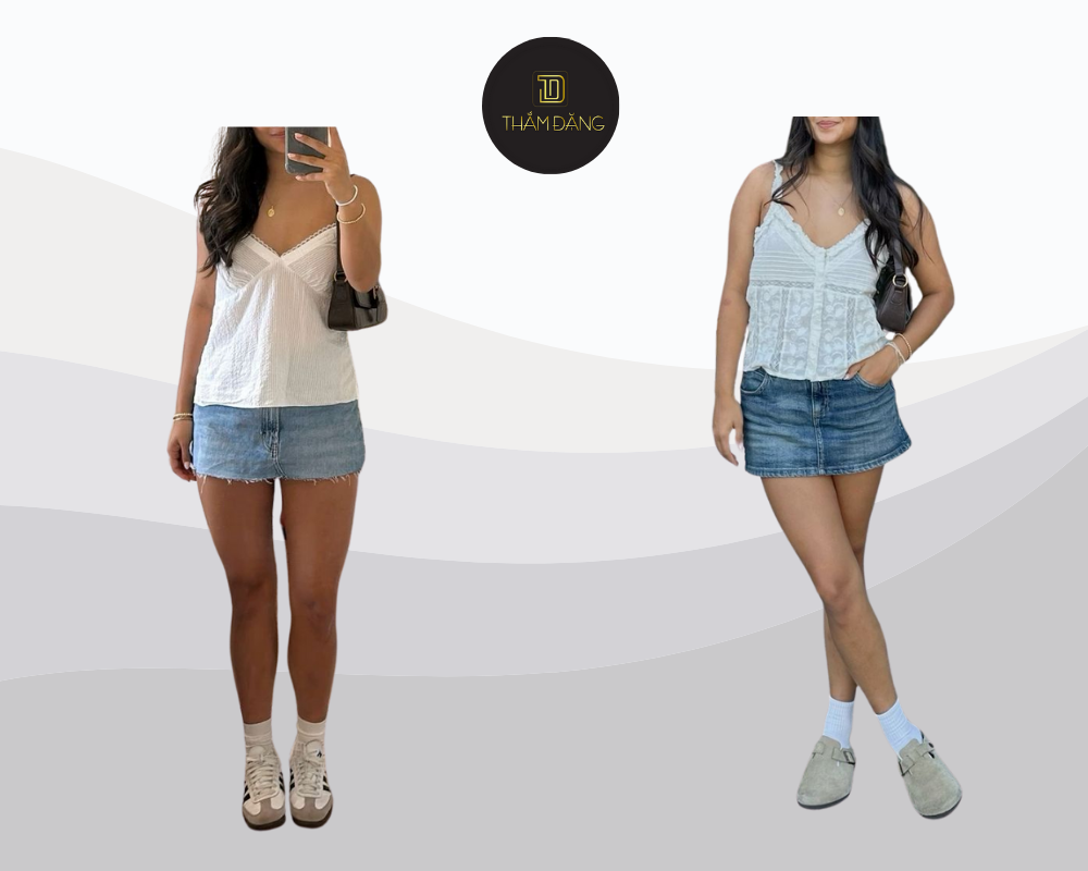 Phong cách vintage nữ tính với chân váy bò và áo baby doll mềm mại.