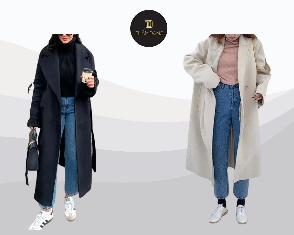 Hack dáng hiệu quả với áo dạ dài mix jeans và boot basic thời thượng