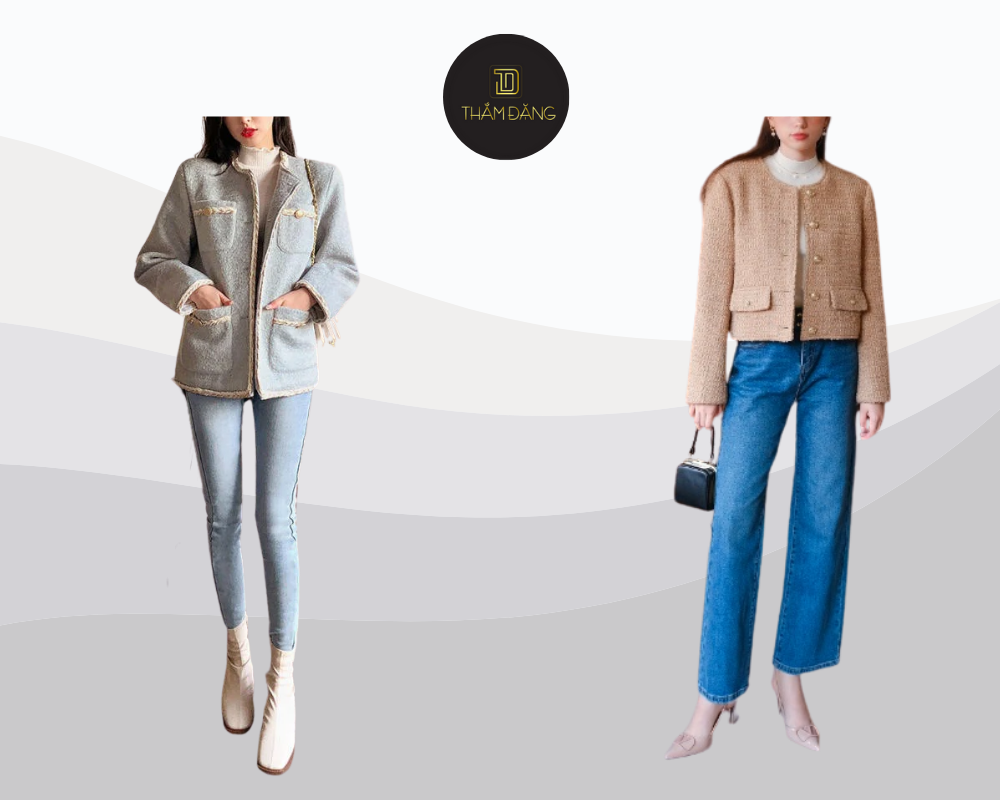 Áo dạ tweed cùng jeans tạo nét cá tính thanh lịch cho mọi dịp.