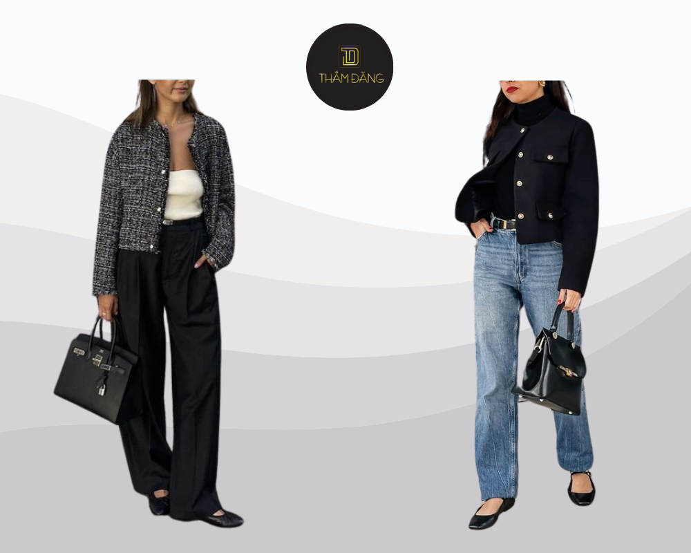 Set đồ áo dạ tweed quần ống suông thanh lịch tôn dáng cho công sở sang trọng