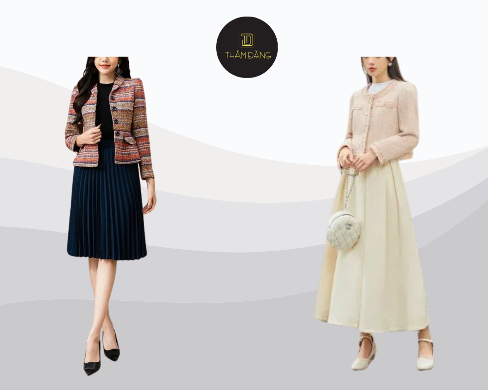 Outfit áo dạ tweed và váy liền tạo vẻ nữ tính tinh tế thanh lịch.
