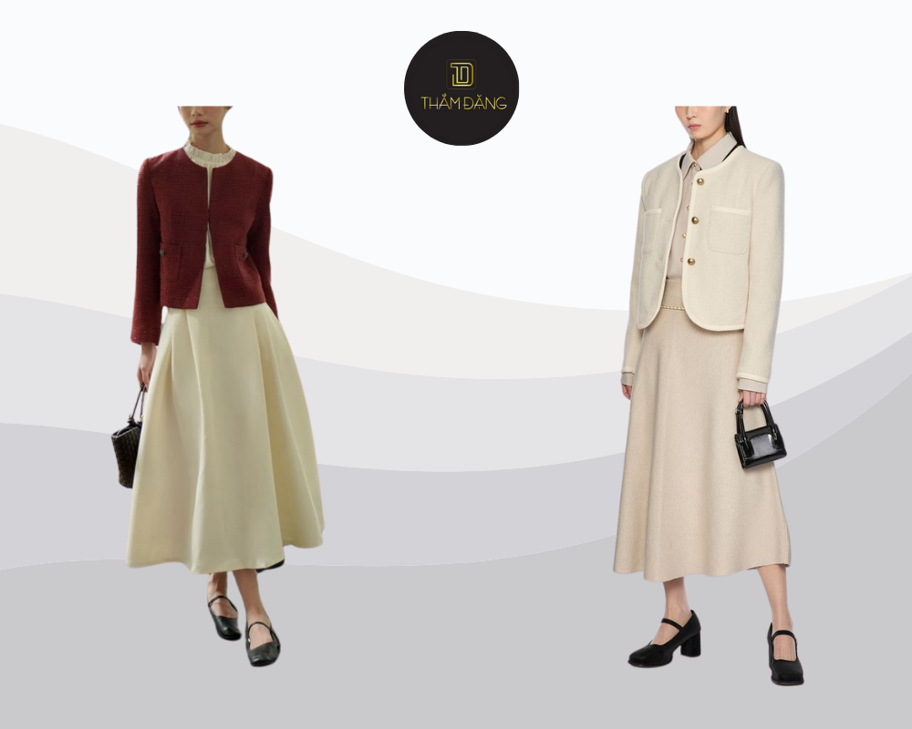 Áo dạ tweed chân váy midi sang trọng tôn dáng chuẩn phong cách Pháp.