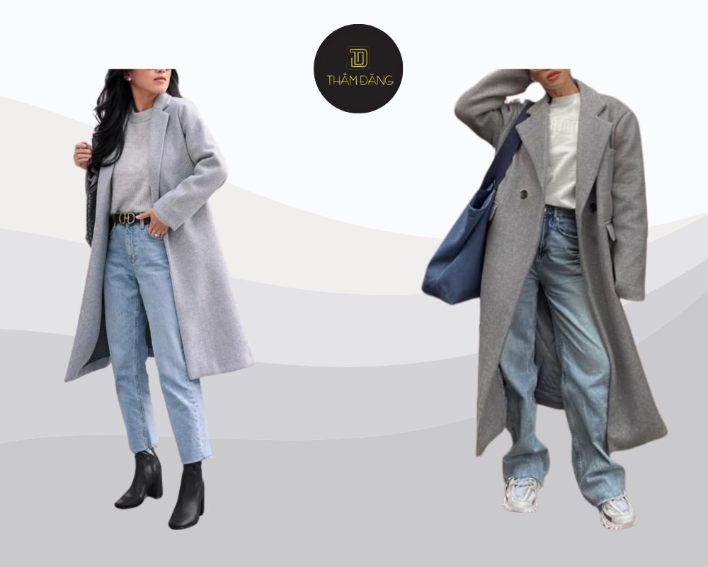 Áo dạ xám phối jeans trắng trẻ trung dễ mặc cho mọi dịp hàng ngày.