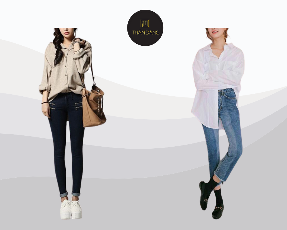Áo sơ mi rộng kết hợp quần skinny tạo phong cách năng động, thanh thoát.
