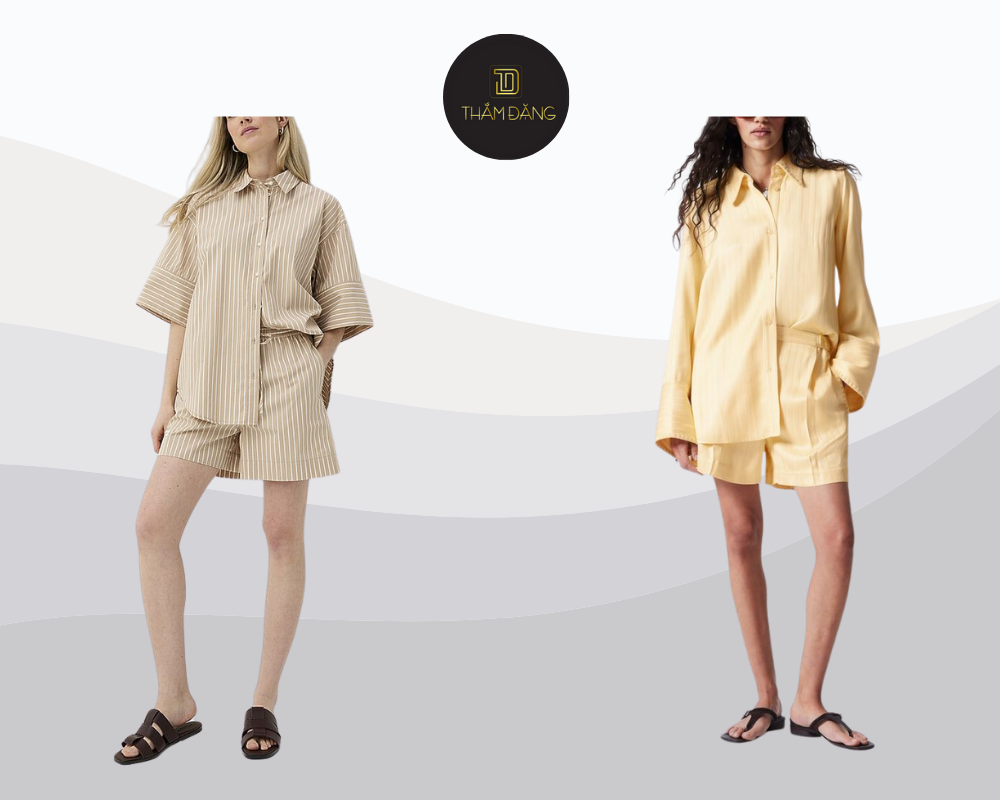 Áo sơ mi phối quần short cùng màu tạo phong cách monochrome tinh tế, hiện đại.