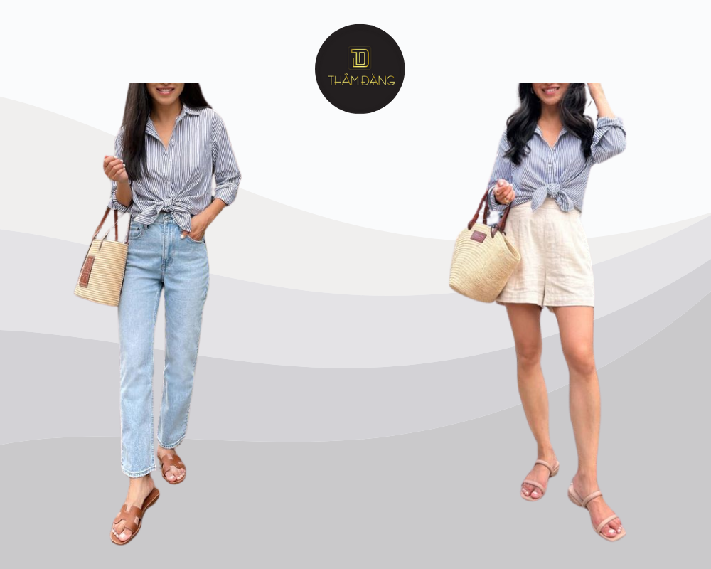 Áo sơ mi buộc vạt phối quần jean tạo vẻ trẻ trung năng động và cá tính.