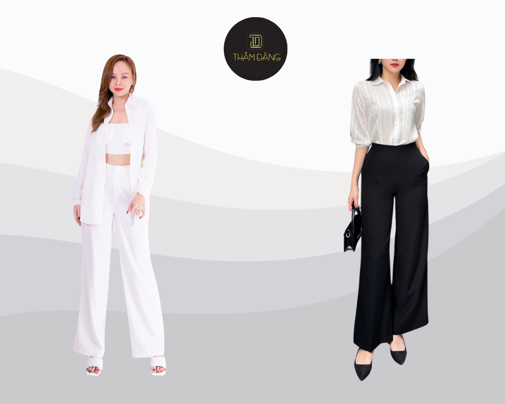 Thanh lịch công sở với áo sơ mi trắng và quần tây ống rộng thời thượng.