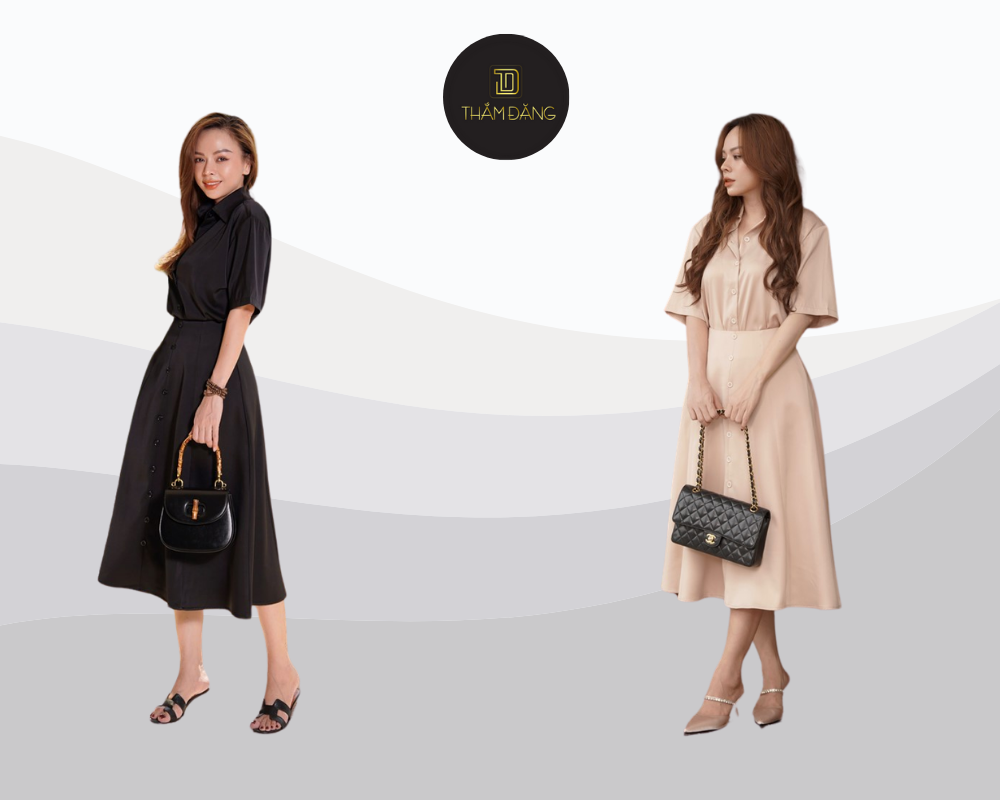 Dịu dàng nữ tính với áo sơ mi phối chân váy chữ A dài thướt tha.
