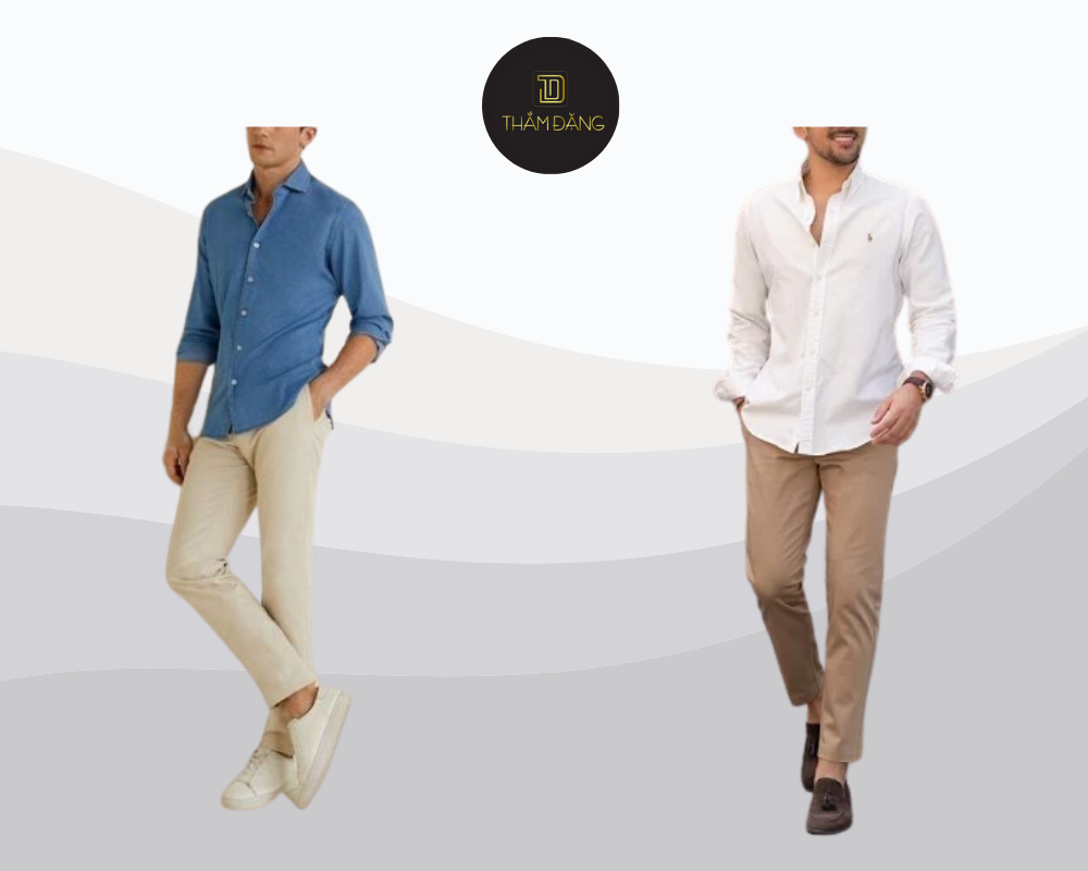 Sơ mi phối quần kaki mang đến vẻ ngoài thanh lịch tinh tế và dễ ứng dụng.