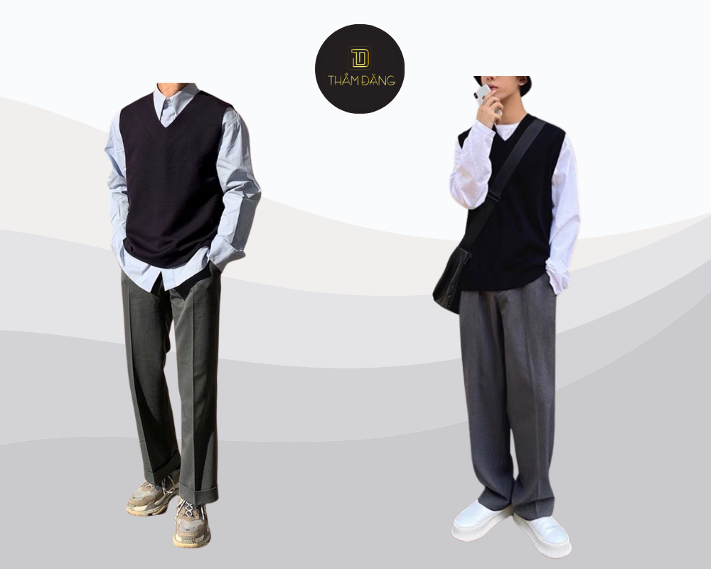 Áo sơ mi phối gile len mang đến vẻ ngoài cổ điển thanh lịch và cuốn hút.
