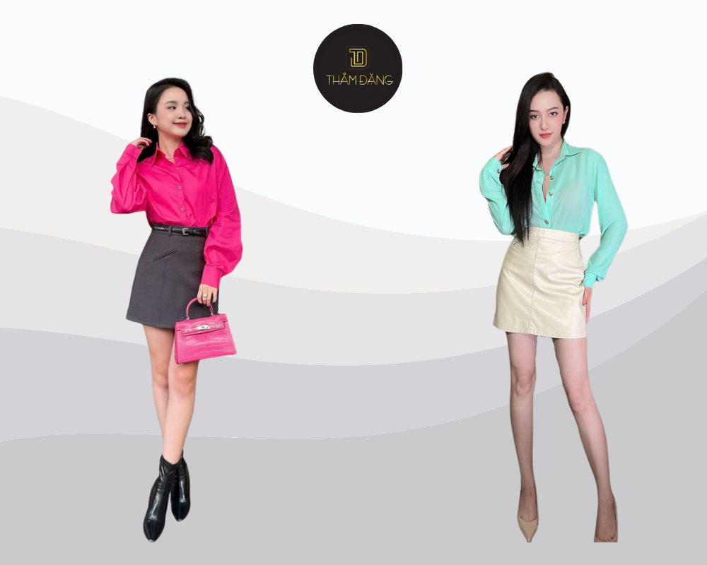 Trẻ trung năng động cùng áo sơ mi phối chân váy chữ A ngắn.
