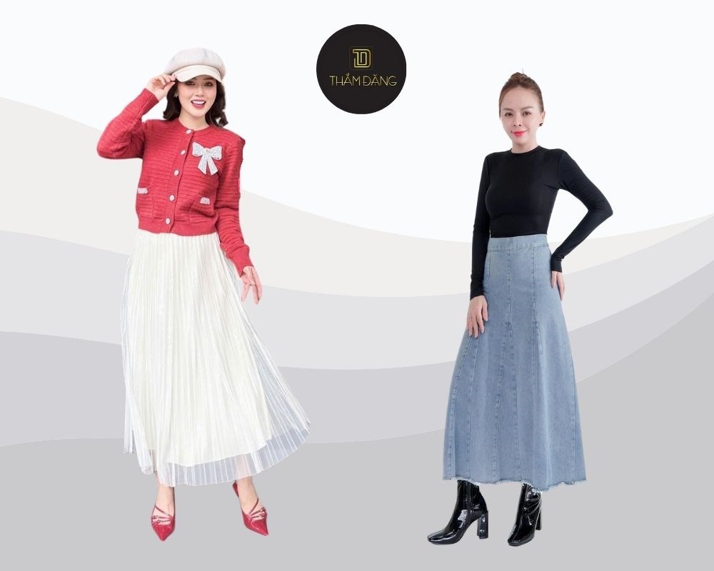 Áo len mỏng và chân váy dài dáng xòe tạo nên outfit ấm áp, nữ tính, lý tưởng cho mùa thu đông hoặc những ngày se lạnh