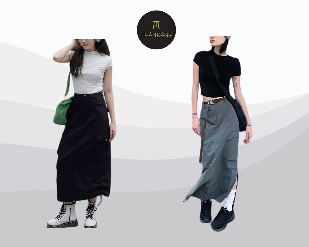 Combo chân váy dài Cargo cùng Babytee tạo outfit trẻ trung, cá tính, thời thượng