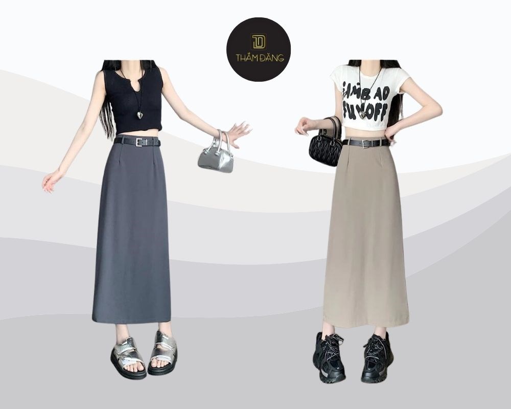 Set đồ chân váy dài chữ A phối áo croptop trẻ trung, cá tính, hiện đại