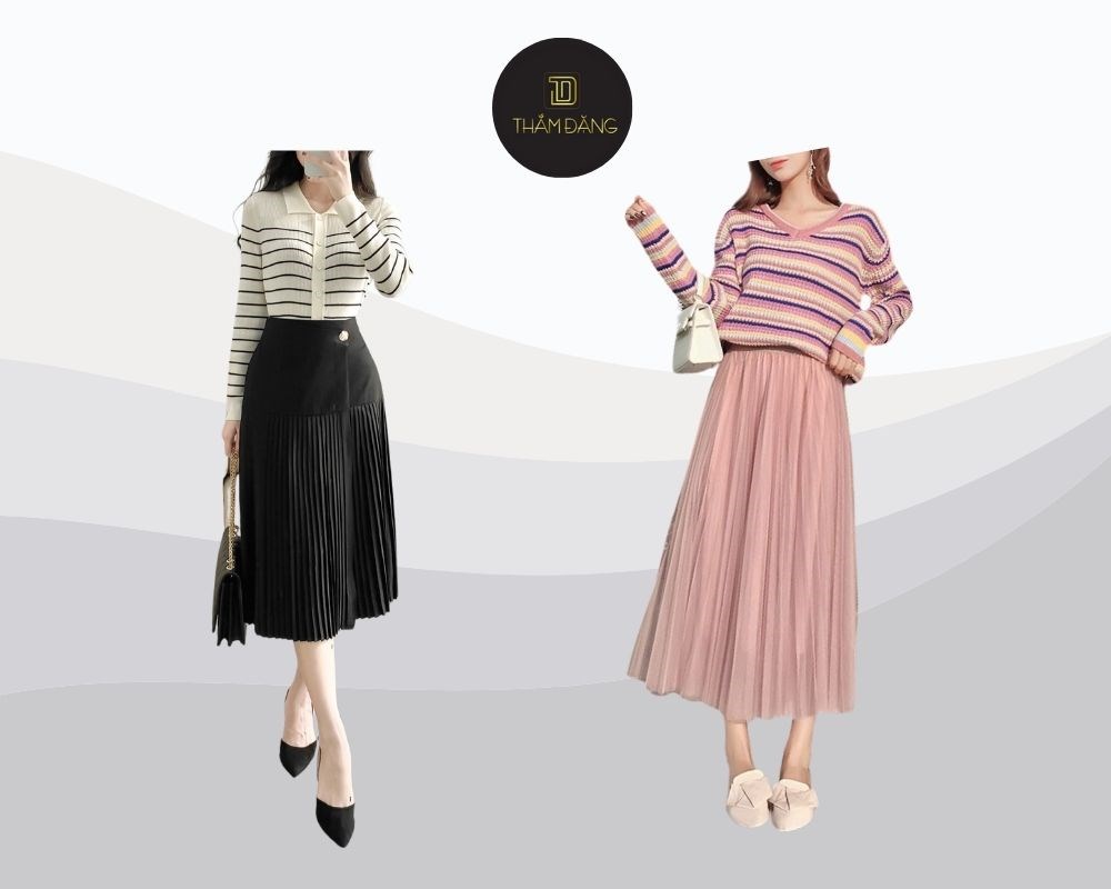 Combo chân váy dài xếp ly và áo dệt kim thanh lịch, nữ tính, ấm áp, hoàn hảo