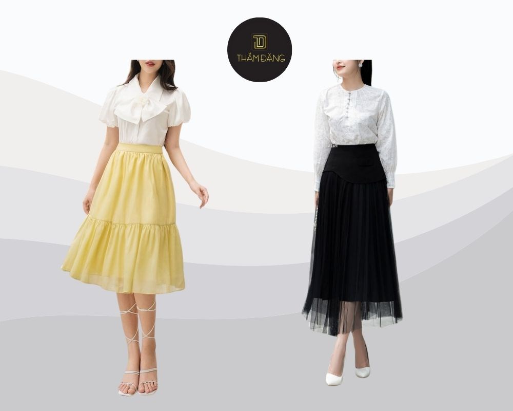 Sự kết hợp chân váy dài dáng xòe với áo Blouse Ruffle tôn nét đẹp nữ tính