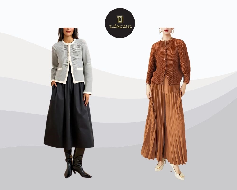 Combo chân váy dài xếp ly và áo cardigan cổ tròn mang vẻ nhẹ nhàng, thanh lịch