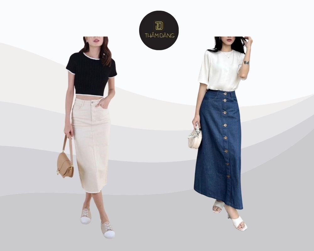Chân váy dài mặc với áo gì? Chân váy dài chữ A cùng áo thun trơn tạo outfit năng động, phóng khoáng