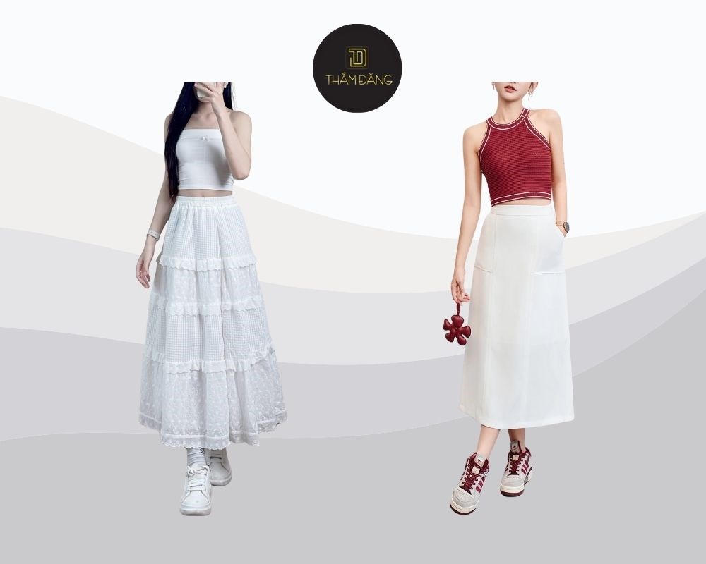 Bộ đôi chân váy dài cạp cao cùng áo croptop tạo hiệu ứng hack dáng đỉnh cao