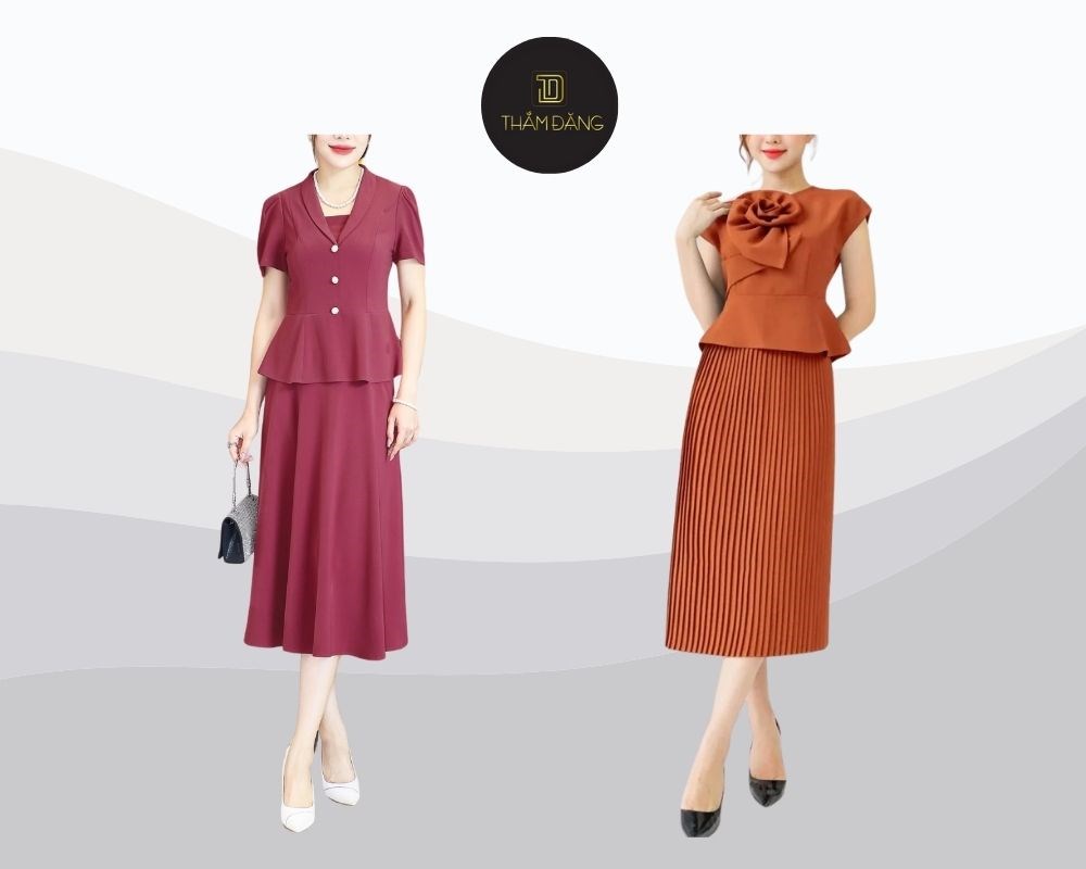 Combo chân váy dài xếp ly với áo Peplum thanh lịch, đang thử khi không biết váy dài mặc với áo gì