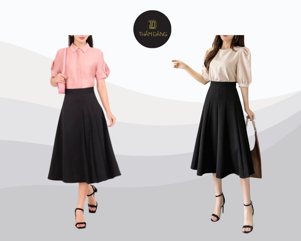 Chân váy dài kết hợp với áo gì? Sự kết hợp chân váy dài xòe và áo blouse tạo vẻ nữ tính, dịu dàng, thanh lịch