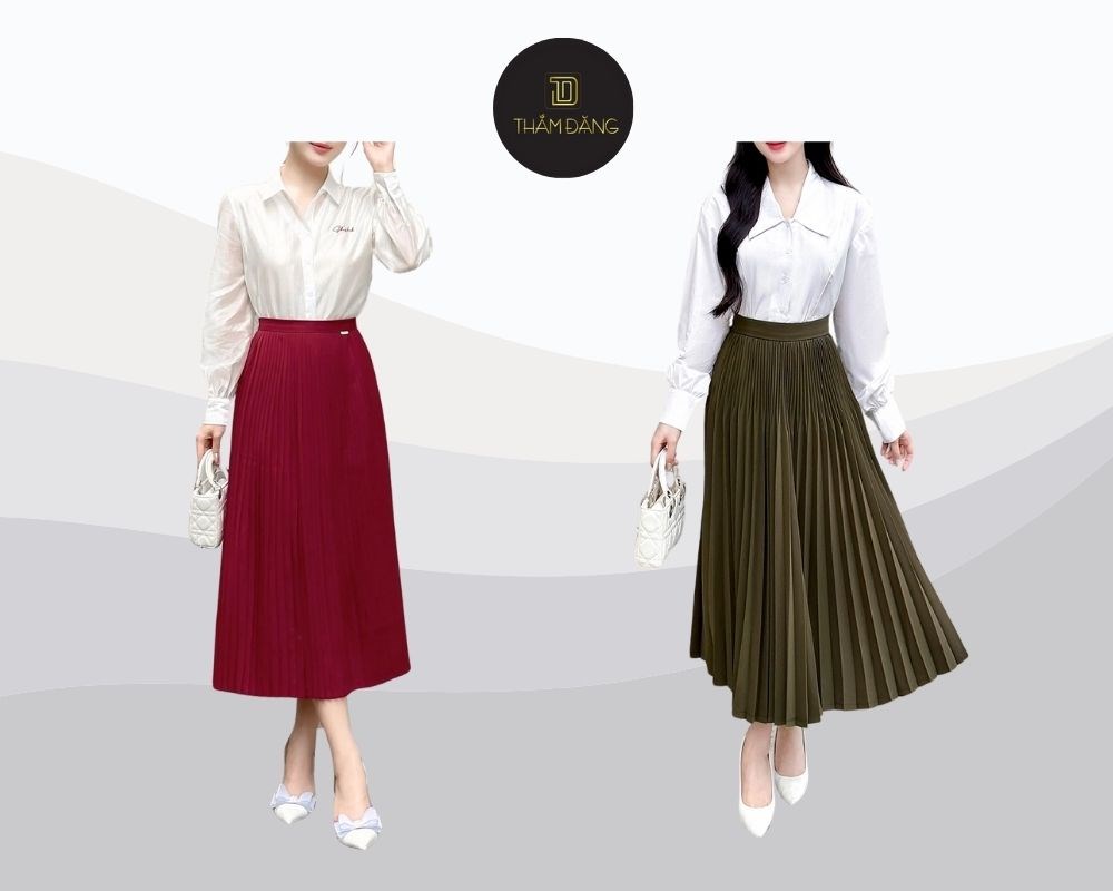 Sơ mi dài tay khi kết hợp với chân váy xếp ly dài tạo nên bộ trang phục thanh lịch, trang nhã và vô cùng tinh tế