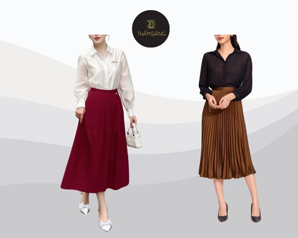 Chân váy xếp ly đen dài cùng set vest choàng mang đến phong thái sành điệu, quyền lực và vô cùng sang chảnh