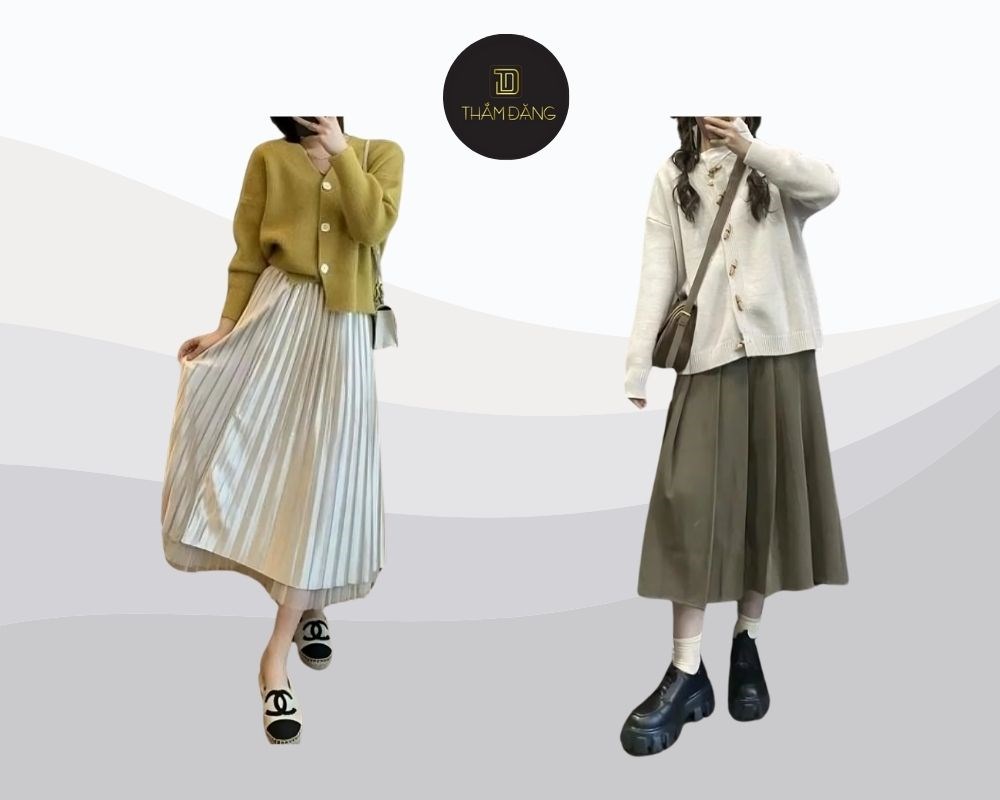 Phối chân váy xếp ly dài cùng áo cardigan tạo nên vẻ ngoài nhẹ nhàng, đồng thời giữ ấm hiệu quả