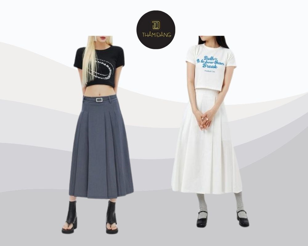 Sự kết hợp giữa chân váy xếp ly dài và áo croptop tạo nên phong cách trẻ trung, cá tính nhưng vẫn giữ được nét nữ tính