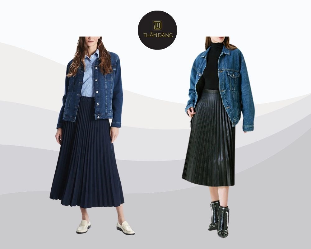 Chân váy xếp ly đen dài mặc với áo gì? Mặc cùng áo khoác denim tạo nên vẻ ngoài trẻ trung, cá tính và đầy năng lượng