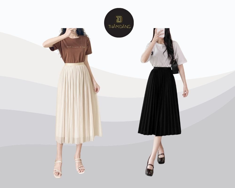 Chân váy xếp ly dài phối với áo gì? Mặc với áo thun, trang phục toát lên vẻ trẻ trung, năng động nhưng vẫn giữ được nét thanh lịch 