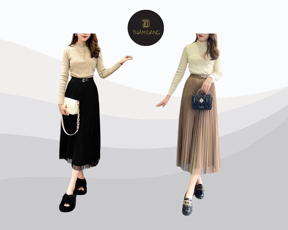 Chân váy xếp ly dài phối với áo gì? Mix cùng áo len mang đến nét đẹp mềm mại, thướt tha và sang trọng, khéo léo che đi khuyết điểm