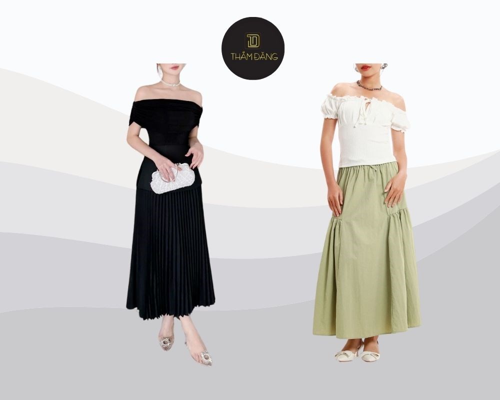 Chân váy xếp ly dài mặc với áo gì? Mix cùng áo trễ vai là lựa chọn hoàn hảo để tạo nên vẻ đẹp quyến rũ và nữ tính