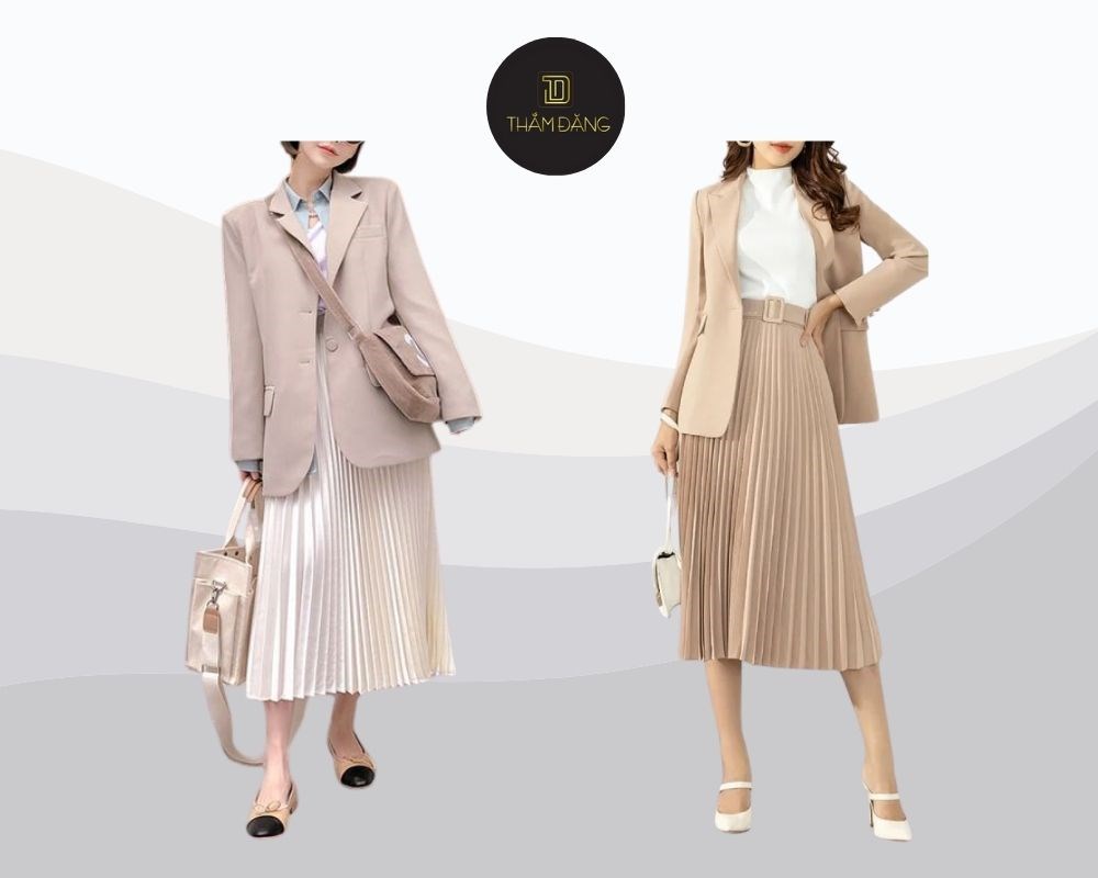 Váy xếp ly dài phối với áo gì? Áo blazer khi phối cùng chân váy xếp ly dài mang đến vẻ ngoài sang trọng, chuyên nghiệp và đầy thời thượng
