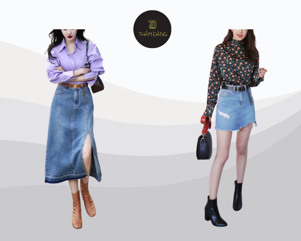 Boot cổ thấp chân váy jeans áo sơ mi trẻ trung năng động nữ tính hoàn hảo.