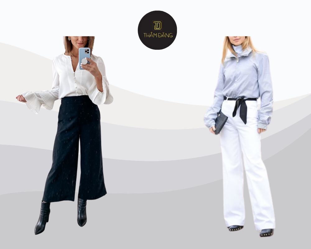Boot cổ thấp quần ống loe áo sơ mi tôn dáng phong cách retro hiện đại.