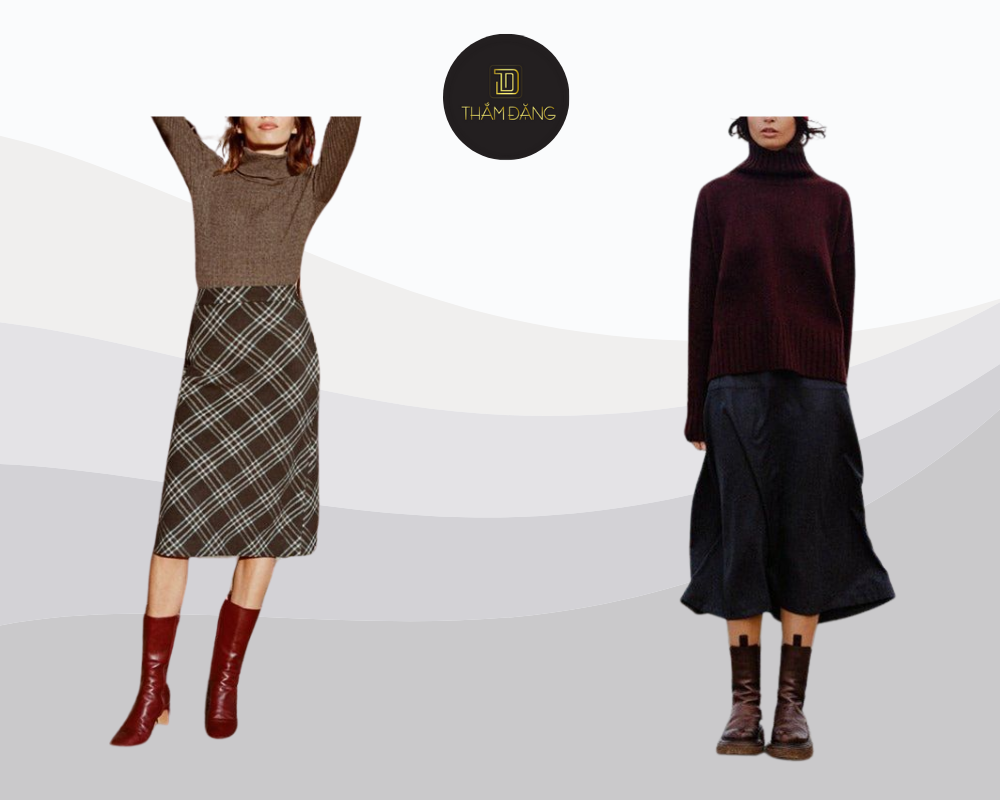 Boot cổ thấp chân váy len áo len tạo style đông ấm áp dịu dàng cực trendy.