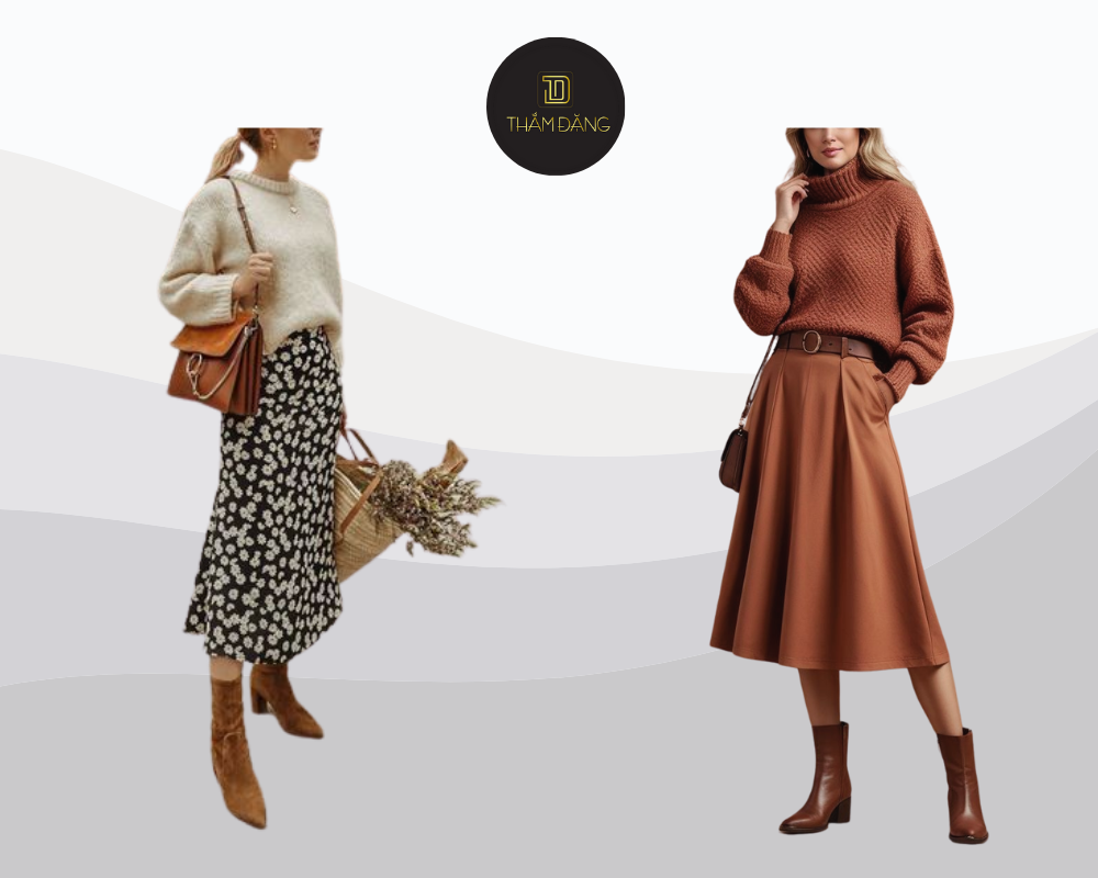 Nữ tính dịu dàng cùng chân váy midi boot cổ thấp và áo len oversize