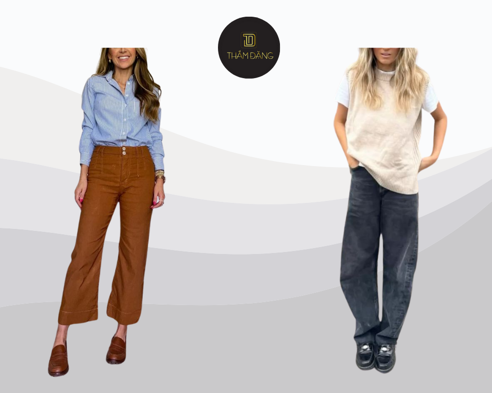 phối đồ với giày loafer nữ cùng quần ống rộng