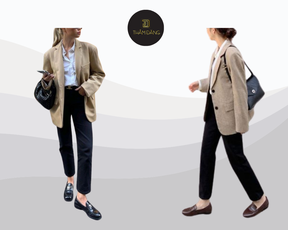 phối đồ với giày loafer nữ phong cách quyền lực