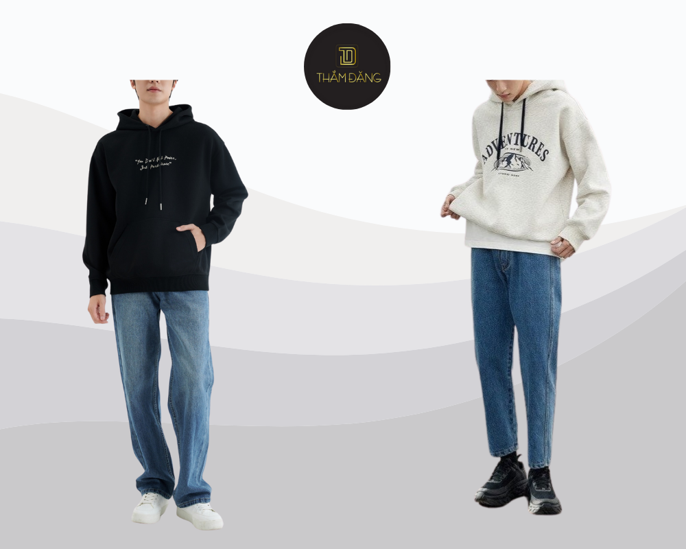 phối đồ với quần jean ống đứng và áo hoodie